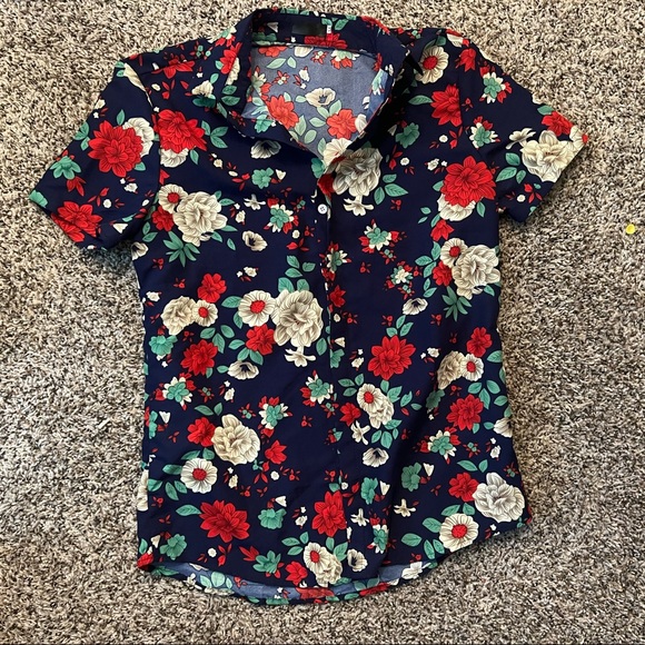 Other - Men’s Floral Button-down Shirt, red, blue, navy, white, green